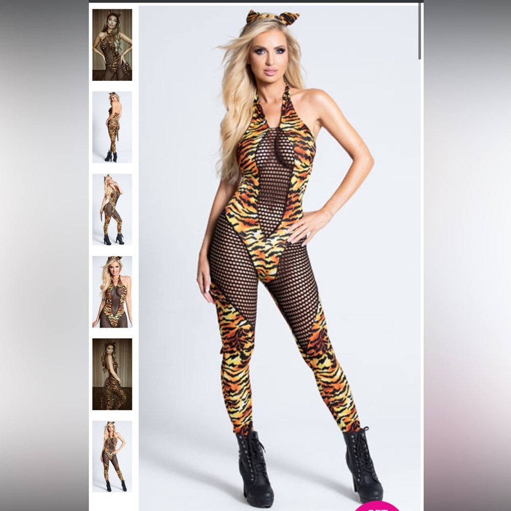 Roma Here Kitty Tiger Stripe Halloween Costume Large Fishnet Bodysuit & Ears